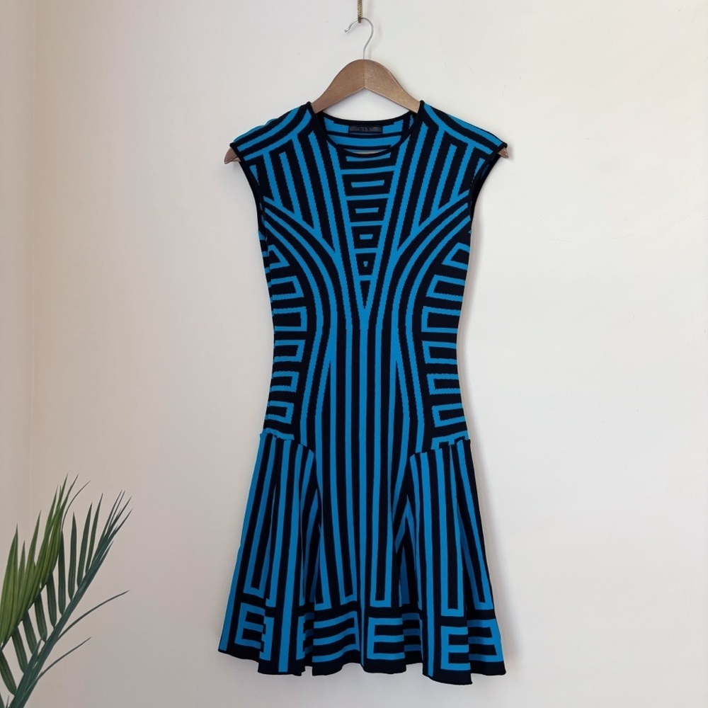 RVN Electric Blue Striped Fit & Flare Knit Dress Small